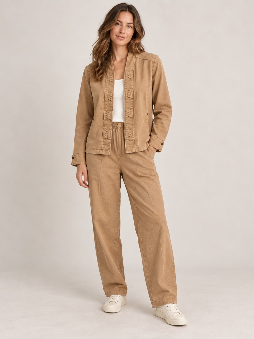 Alfred Dunner Ramie blend  Utility Two Piece Set Tan Camel Jacket/Wide Leg Pants